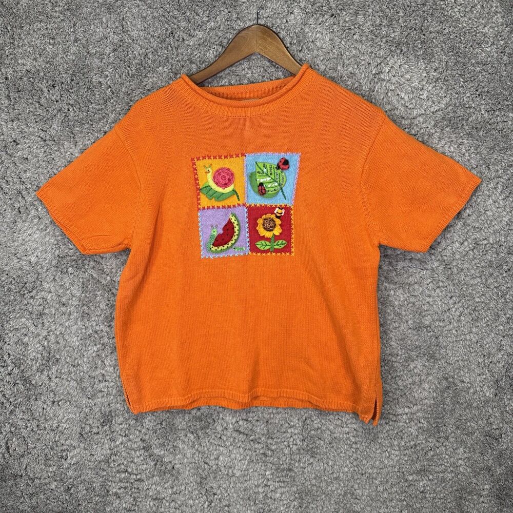 Vintage Short Sleeve Sweater 3D Embroidered Flower Fruit Bug Large Orange Bright